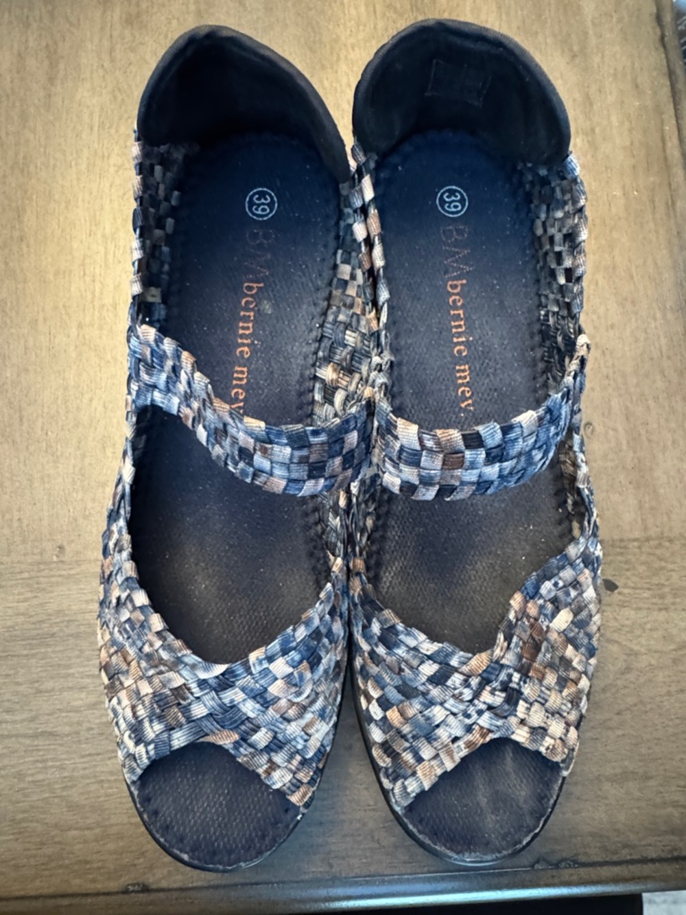 bernie mev. Blue and Brown Woven Mary Jane Sandals